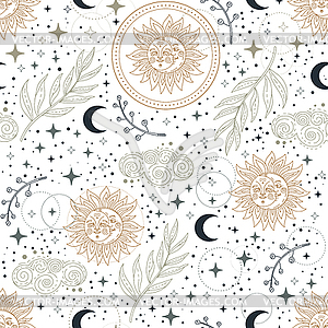 Stars, plants and sun seamless pattern white - vector image