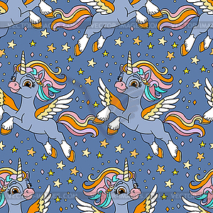 Seamless unicorns pattern on blue background - vector clipart