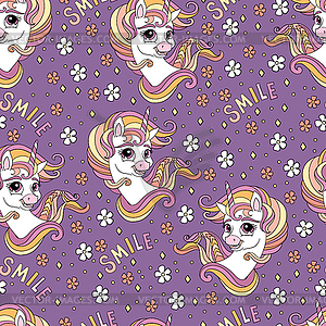 Seamless unicorns heads pattern on purple background - vector clipart / vector image