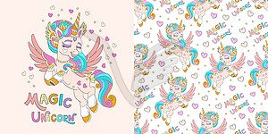 Unicorn with hearts and seamless pattern set - vector clip art