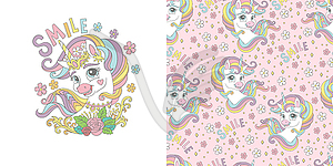 Unicorn with flowers and seamless pattern - royalty-free vector clipart