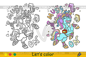 Kids coloring cute musical unicorn with lettering - royalty-free vector image