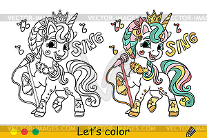 Unicorn singer and lettering kids coloring with - vector clip art