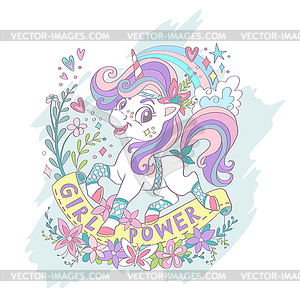 Cute unicorn with flowers card - vector image