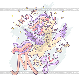 Greeting card with cute cartoon unicorn and - vector image