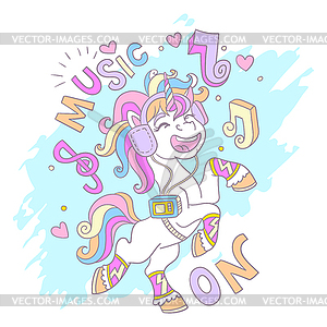 Greeting card with cute dancing unicorn and - vector EPS clipart