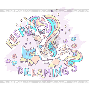 Greeting card with cute reading unicorn and - vector image