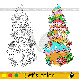 Coloring with color template beautiful cake - vector image