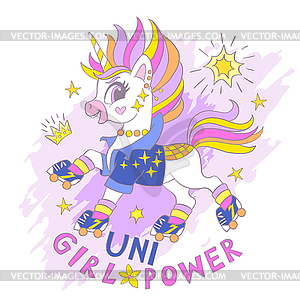 Greeting card with cute unicorn on roller skates an - vector clip art