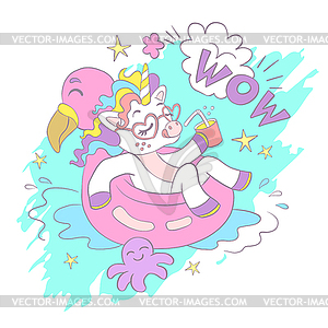 Greeting card with cute relaxing unicorn and - vector image