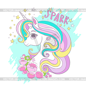 Greeting card with cute unicorn with flowers and - vector clipart
