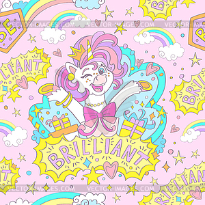 Cute brilliant unicorn seamless pattern - vector clip art