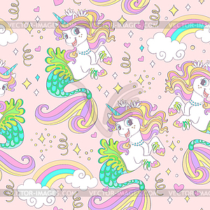 Cute unicorn mermaid seamless pattern - vector image