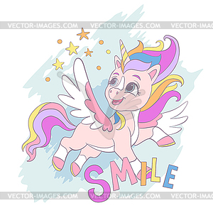 Cute flying unicorn square card - vector image