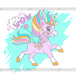 Cute unicorn on turquoise background postcard - vector clipart