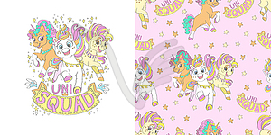 Unicorn friends and seamless pattern set - vector clipart