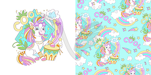 Unicorn with drum and seamless pattern set - vector EPS clipart