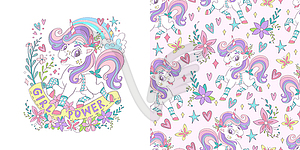 Unicorn with flowers and seamless pattern - vector clipart