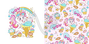 Unicorn with an ice cream and seamless pattern set - vector image