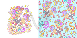 Unicorn singer and seamless pattern set - vector clip art