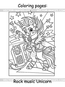 Cute rock music unicorn kids coloring - vector clip art