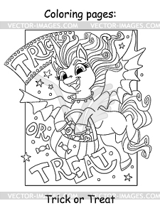 Halloween coloring cute unicorn and lettering - vector image