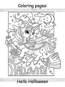 Halloween coloring unicorn witch and lettering - vector clipart