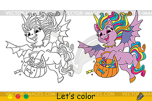 Cute unicorn bat Halloween concept coloring - vector image