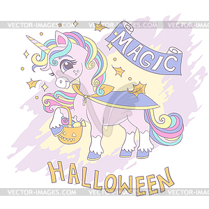 Halloween unicorn witch and lettering card - vector clip art