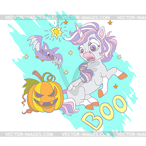 Halloween scared unicorn and lettering card - vector clipart