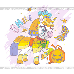 Halloween card with unicorn and pumpk - vector clipart