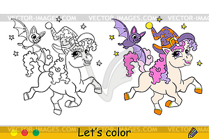 Halloween coloring unicorn and bat - stock vector clipart