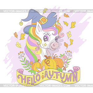 Halloween card unicorn portrait with plants - stock vector clipart