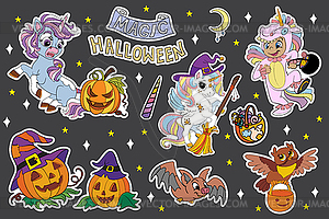 Set of Halloween unicorns and elements black - vector clipart