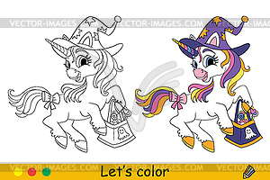 Halloween coloring cute unicorn wearing witch hat - royalty-free vector image