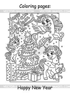 Kids Christmas coloring family of cute unicorns - vector clip art