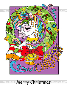 Christmas cute unicorn in Christmas wreath - vector clipart