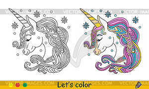 Kids coloring cute winter unicorn portrait - vector image