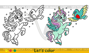 Kids coloring cute winter unicorn with bird - vector image