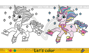 Kids Christmas coloring cute skating unicorn - vector clipart