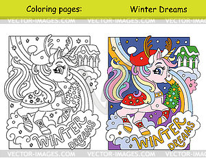 Детская раскраска и образец единорога с рождественской елкой - рисунок в векторе