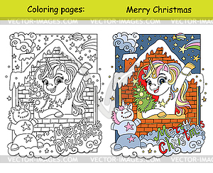 Kids coloring and color sample cute unicorn in - vector clipart