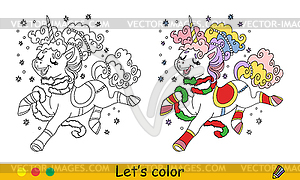 Kids Christmas coloring cute jolly jumping unicorn - vector clipart