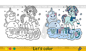 Kids Christmas coloring cute unicorn and snowman - vector clipart