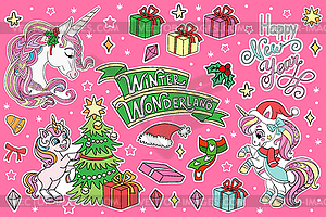 Christmas collection with winter unicorn stickers - vector image