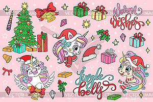 Christmas set with winter unicorn stickers - vector clipart