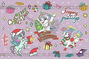 Collection with winter unicorn and Christmas - vector image