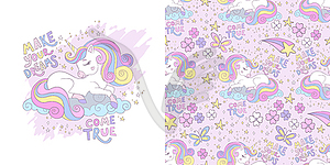 Cute dreaming unicorn card and seamless pattern - vector image