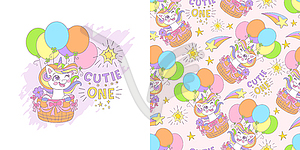 Cute unicorn flying in balloons card and seamless - vector image