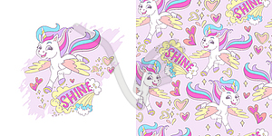 Cute flying unicorn card and seamless pattern - vector clip art